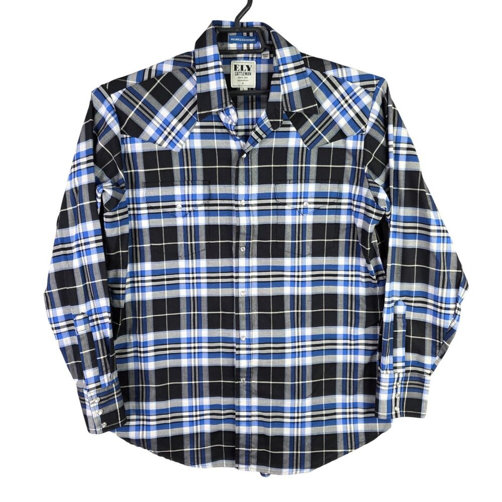 Mens Ely Cattleman Blue Black White Plaid Shirt Button Up Long Sleeve Size L